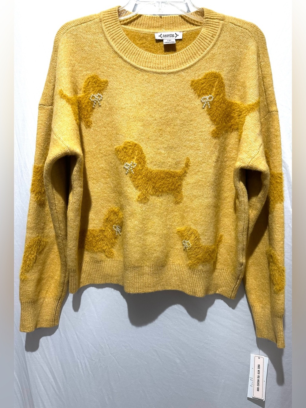 Nanette Lepore Mustard Yellow Dog Motif Crewneck Sweater - Size L